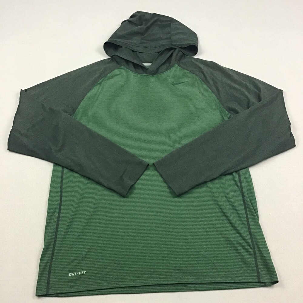 Nike Shirt Men Large Green Long Sleeve Pullover Dri-FIT Hood Pullover Tee L *